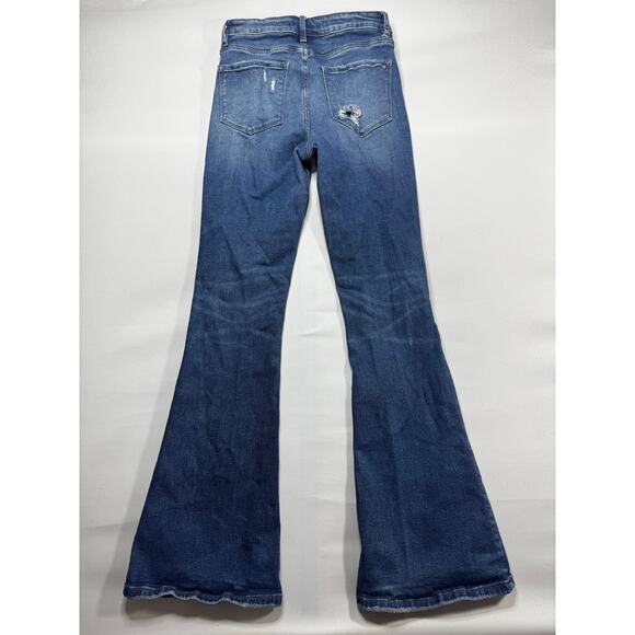 Mica Women's Distressed Button Fly Flare Blue Stretch Denim Jeans - Size 28x33 - Picture 2 of 5